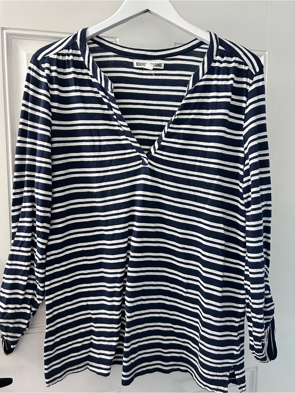 beachlunchlounge Navy & White Striped Long-Sleeve V-Neck Top